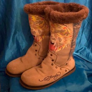 Ed Hardy tall fur lined assorted colored boots